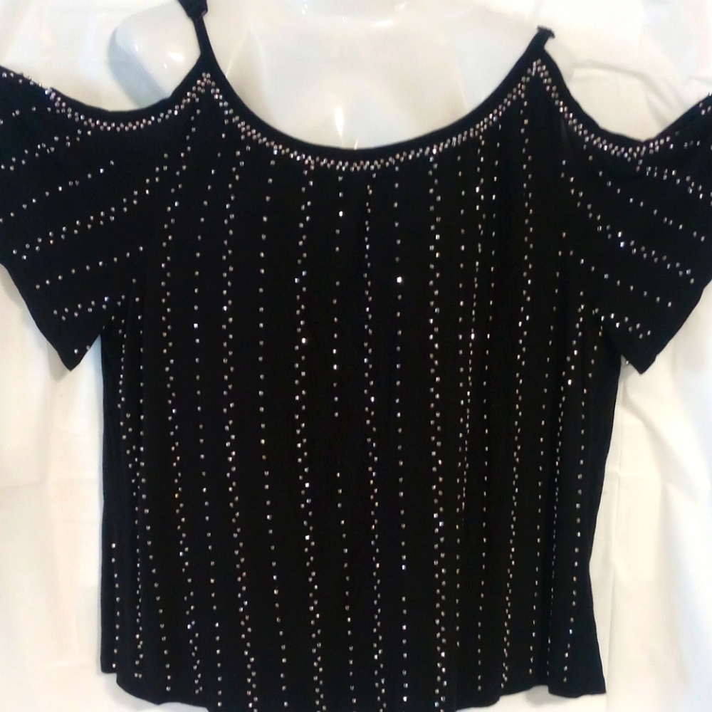3X Womens Top INC International Concepts Cold Shoulder Beaded Top Blouse - Black